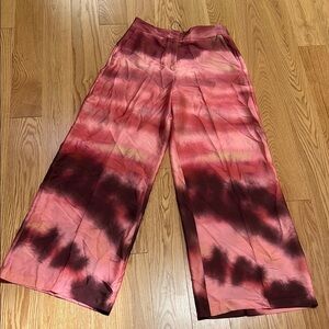 NWOT! Zara large pink/red tie dye print large wide leg satin effect pants.